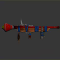 Unique Red Weapon With Blue Straps Metallic Components And Flared Front Structure
