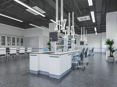 Modern Laboratory Interior With Lab Counter Chairs Shelves Hanging Lights And Plants 3d model