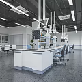 Modern Laboratory Interior With Lab Counter Chairs Shelves Hanging Lights And Plants