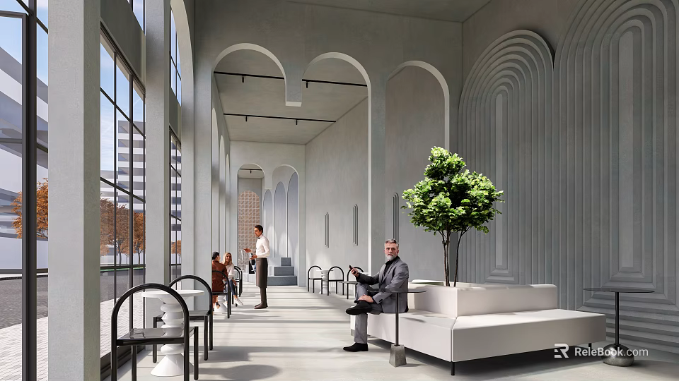 Modern Café Interior With Arched Structures Large Windows White Sofa Green Plant And Customers Relaxing 3d model 