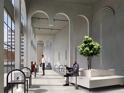 Modern Café Interior With Arched Structures Large Windows White Sofa Green Plant And Customers Relaxing 3d model