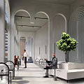 Modern Café Interior With Arched Structures Large Windows White Sofa Green Plant And Customers Relaxing