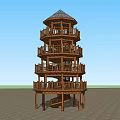 Wooden Tower Featuring Multi Level Balconies And Spiral Staircase Against Blue Sky Background
