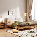 Double Bed with Soft Pillows Warm Blanket Wooden Nightstands and Bedside Lamps in Cozy Bedroom