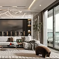 Modern Living Room Interior With White Sofa Large TV Wall Circular Chandelier And Decorative Plants