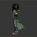 Anime Style 3D Character With Spiky Black Hair Green Coat Blue Jeans And Open Arms