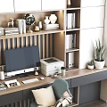 Modern Home Office Desk With Bookshelves Computer Monitor Decorative Items And Green Plants