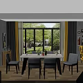 Modern Dining Table Set With White Table Grey Chairs And Decorative Flowers 3d model