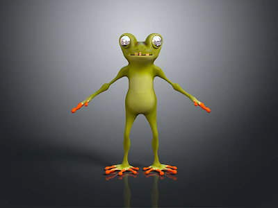Green Cartoon Reptile Character With Big Eyes And Orange Limbs Standing On Grey Background With Reflection 3d model