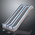 Three Parallel Modern Escalators With Metal Frames And Moving Steps Design