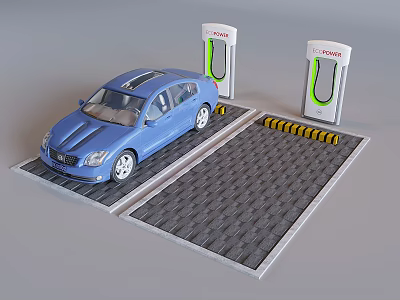 Toyota Electric Vehicle Charging Station With Blue Car Gridded Ground And Yellow Speed Bumps 3d model