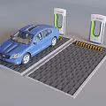 Toyota Electric Vehicle Charging Station With Blue Car Gridded Ground And Yellow Speed Bumps