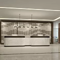 Modern Reception Desk Interior With Marble Counter Hanging Lights Decorative Wall And Wooden Accents