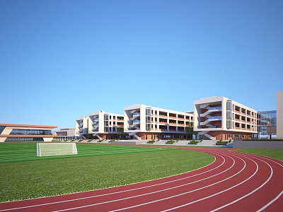 Modern School Buildings With Playground Track Lawn And Blue Sky Background 3d model