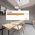Public Office Space Featuring Wooden Long Table Chairs Black White Paintings Gray Walls Pendant Lights