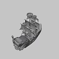 Wooden Pirate Ship Model with White Sails Skull Emblem and Decorative Teeth on Bow