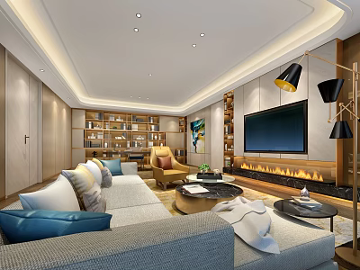 Modern Living Room Interior With Sofa Pillows Bookshelf TV Fireplace And Decorative Lamps 3d model