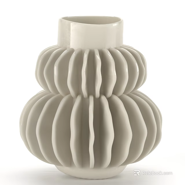 White Ribbed Ceramic Vase With Modern Two Tiered Structure Design 3d model