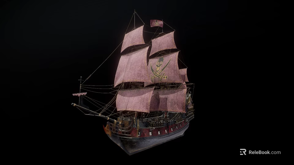 Vintage Sailing Ship With Pink Sails Intricate Carvings And Detailed Structure On Black Background 3d model 