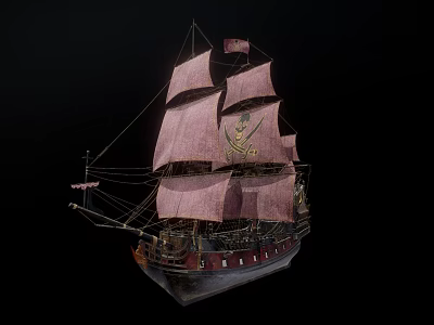 Vintage Sailing Ship With Pink Sails Intricate Carvings And Detailed Structure On Black Background 3d model