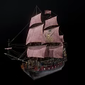 Vintage Sailing Ship With Pink Sails Intricate Carvings And Detailed Structure On Black Background