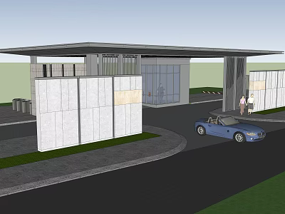 Modern Entrance Gate With Canopy Stone Walls Blue Car And People 3d model