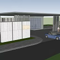 Modern Entrance Gate With Canopy Stone Walls Blue Car And People
