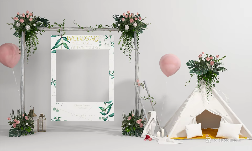 Elegant Wedding Floral Installation With Arch Photo Frame Teepee And Pink Balloon 3d model 