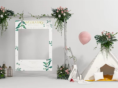 Elegant Wedding Floral Installation With Arch Photo Frame Teepee And Pink Balloon 3d model