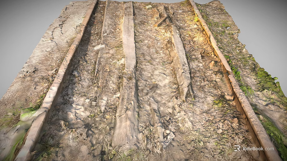 Ancient Weathered Wooden Tracks With Earth And Moss Covered Surface 3d model