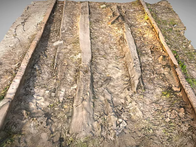 Ancient Weathered Wooden Tracks With Earth And Moss Covered Surface 3d model
