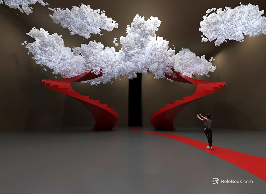 Art Installation Featuring Red Spiral Staircase With White Cloud Like Decorations And Red Carpet 3d model 