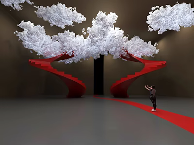 Art Installation Featuring Red Spiral Staircase With White Cloud Like Decorations And Red Carpet 3d model
