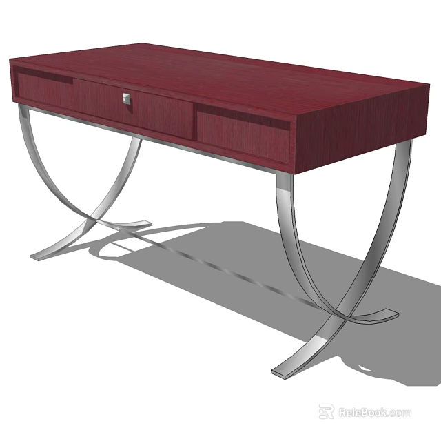 Burgundy Modern Desk With Wooden Top Drawer And Silver Metal Legs 3d model 
