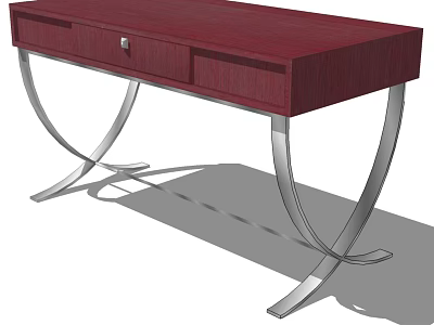 Burgundy Modern Desk With Wooden Top Drawer And Silver Metal Legs 3d model