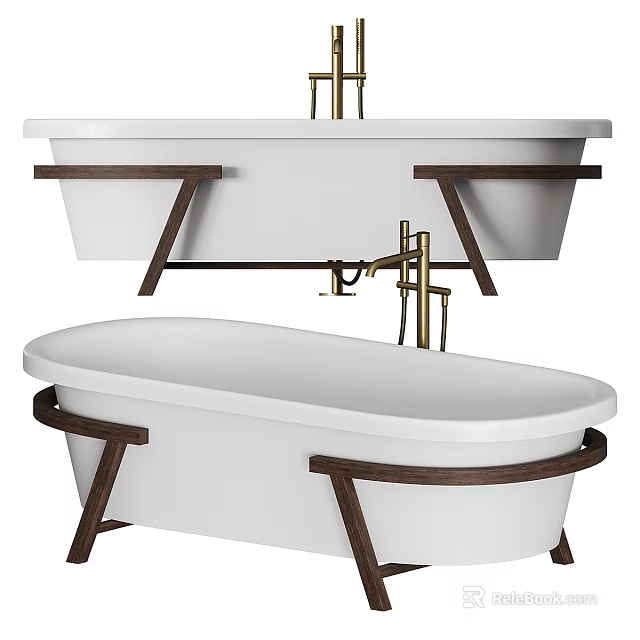 Elegant Modern Freestanding White Bathtub With Wooden Legs And Gold Faucet 3d model 
