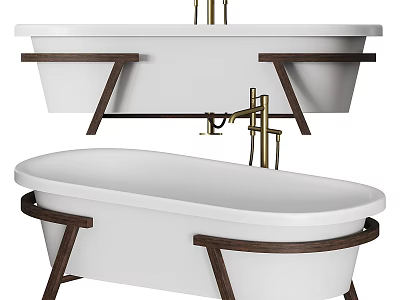Elegant Modern Freestanding White Bathtub With Wooden Legs And Gold Faucet 3d model