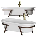 Elegant Modern Freestanding White Bathtub With Wooden Legs And Gold Faucet