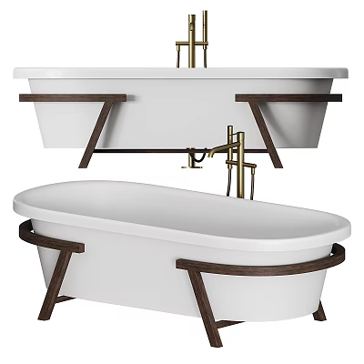 Elegant Modern Freestanding White Bathtub With Wooden Legs And Gold Faucet 3d model