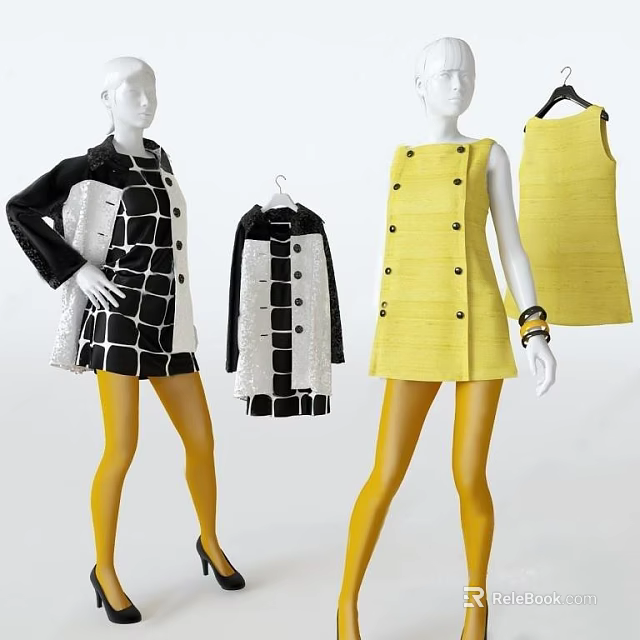 Fashion Models Wearing Black And White Checkered Dress And Yellow Sleeveless Dress With Hanging Coats 3d model 