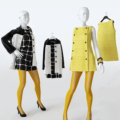 Fashion Models Wearing Black And White Checkered Dress And Yellow Sleeveless Dress With Hanging Coats 3d model