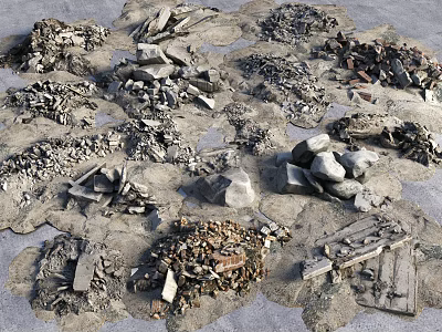 Piles of Rough Stones and Broken Wooden Debris Scattered On Concrete Ground 3d model
