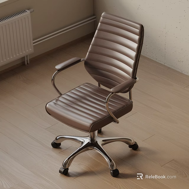 Modern Brown Leather Office Chair With Striped Design Armrests And Metal Base Wheels 3d model 