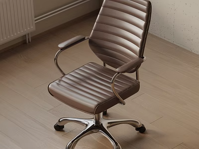 Modern Brown Leather Office Chair With Striped Design Armrests And Metal Base Wheels 3d model