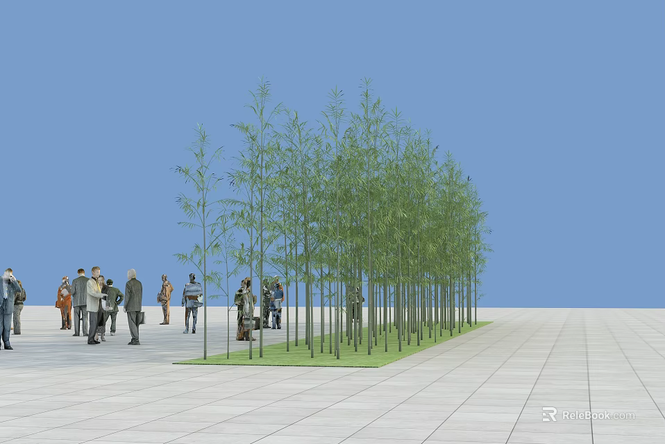 Serene Garden Landscape With Neatly Arranged Trees Grass Area Open Plaza And People Gathering 3d model 