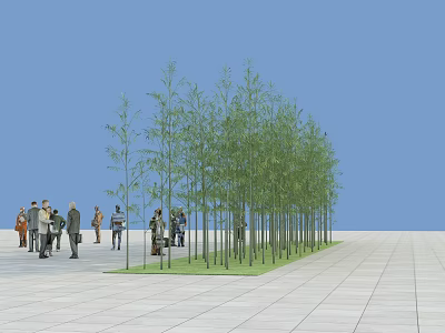 Serene Garden Landscape With Neatly Arranged Trees Grass Area Open Plaza And People Gathering 3d model