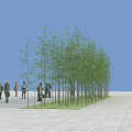 Serene Garden Landscape With Neatly Arranged Trees Grass Area Open Plaza And People Gathering