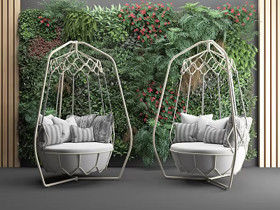 Hanging Chairs With Metal Frame Against Green Plant Wall Red Flowers White Cushions Gray Pillows 3d model