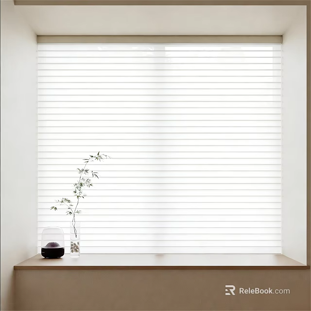 White Venetian Blinds For Window With Simple Decor And Green Plant 3d model 