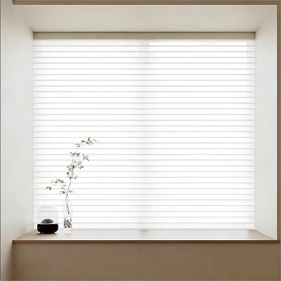 White Venetian Blinds For Window With Simple Decor And Green Plant 3d model